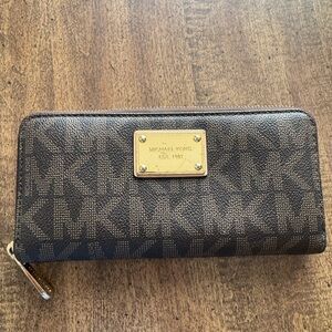 Michael Kors Dark Brown MK Logo Zip-Around Wallet with Gold Plaque